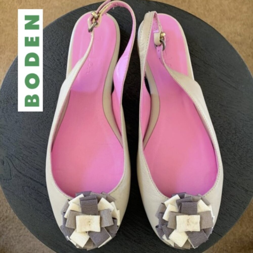 Boden: Elegant Beige Slingback Women's Shoes w/Floral Accent (Size 38)